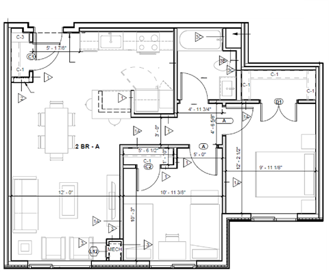 Floor plan for 2 beds, 1 bath, 829 sqft